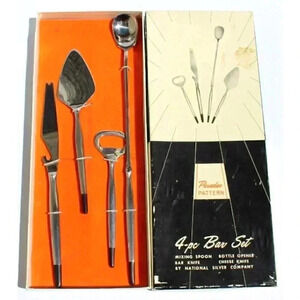 Vintage MCM 4 Pc Bar Stool Set National Silver Company Barware w/ Box